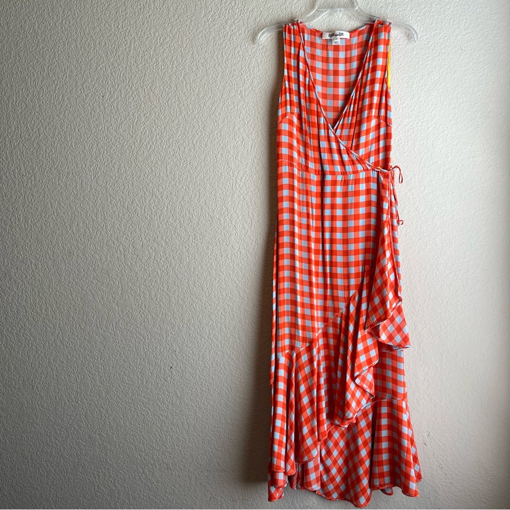 Diane Von Furstenberg Orange Gingham Faux Wrap Dress